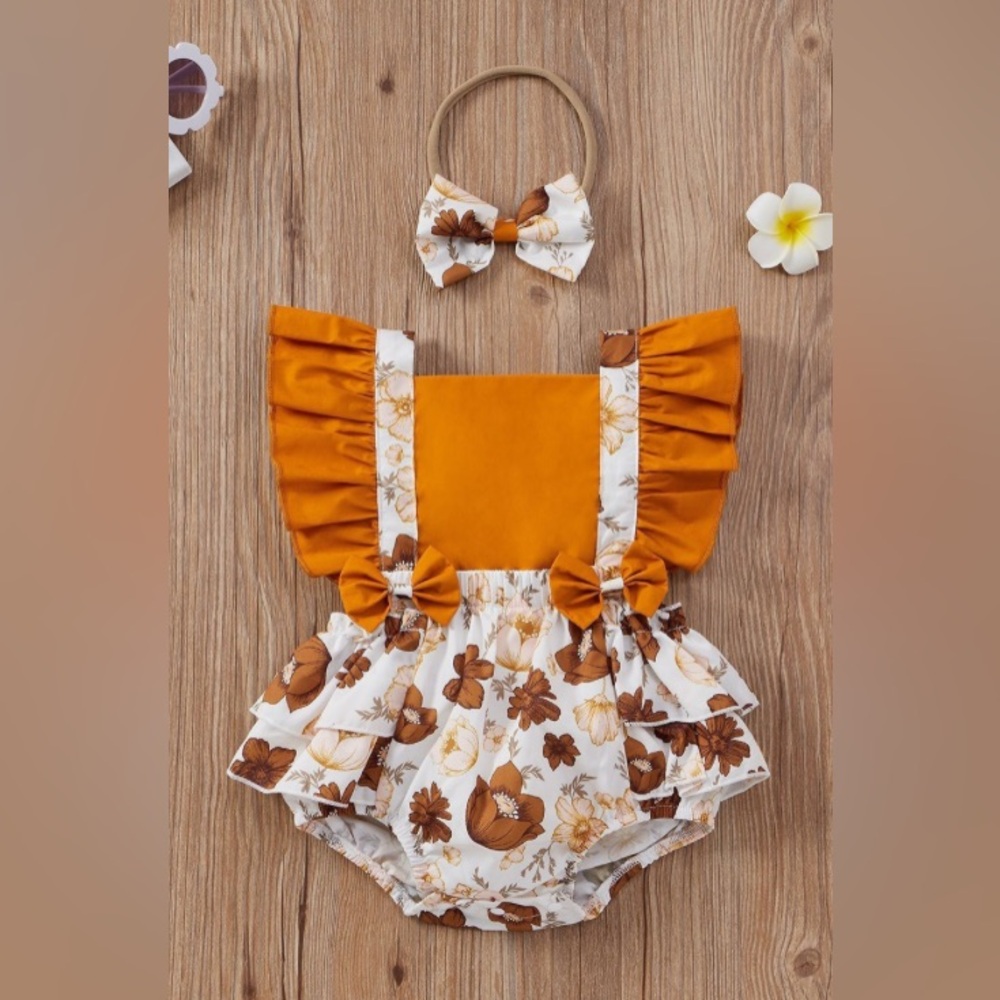Floral Bowknot Romper with Headband